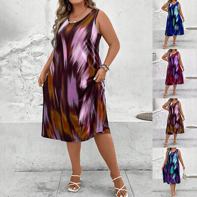 #ad Plus Size Womens Tie Dye Sleeveless Tank Midi Dress Ladies Casual Loose Sundress $21.29