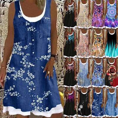 Plus Size Womens Summer Floral Print Midi Dress Ladies Beach Sleeveless Sundress $17.90