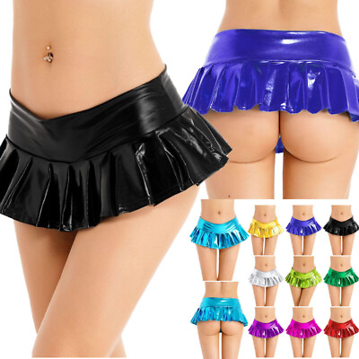 #ad US Sexy Womens Shiny Metallic Low Rise Pleated Role Play Skater Micro Mini Skirt $6.57