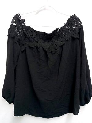 #ad Women#x27;s black crochet trim back stretch panel 3 4 sleeve plus top XL $16.99