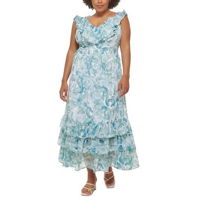 #ad Calvin Klein Womens V Neck Long Ruffled Maxi Dress Plus BHFO 1915 $51.99