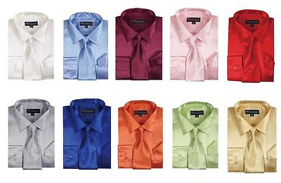 #ad #ad Men#x27;s Fashion Shiny Satin Dress Shirt With Tie And Handkerchief 10 colors 15 20 $18.99