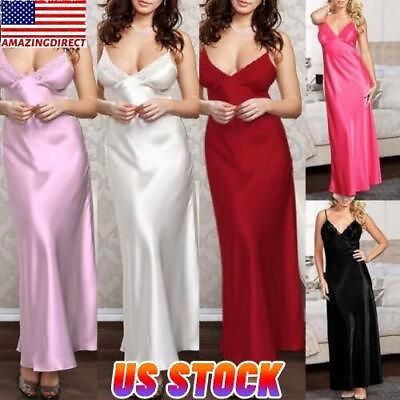 Women Satin Silk Lace Robe Dress Sleepwear Lingerie Long Nightdress Nightgown US $12.09