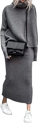 #ad #ad Women s Elegant Stacked Cowl Collar Rib Knit 2 Pieces Pencil Sweater Skirt Sets $19.99