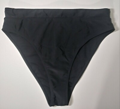 #ad Women#x27;s XLarge Nylon Solid Black Bikini Bottoms V Cut Cheeky Mid Waist Swimwear $7.99