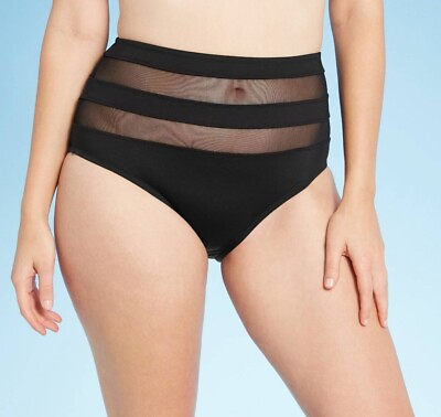 #ad Shade amp; Shore Women#x27;s Mesh High Waist Black Bikini Bottom Size M $13.60