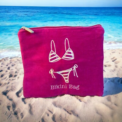 #ad Bikini Bag Wet Dry Hot Pink Color Embroidered Bikini Zip Compartments Women $19.99