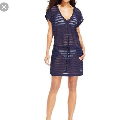 #ad Calvin Klein Navy Blue Mesh Stripe Swim Coverup V Neck Pockets Size S M $14.00