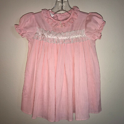 #ad Vintage Pink Pleated Sophie Dress Eyelet Lace Trim Sears Size L 32 36quot; 27 32 lbs $14.99