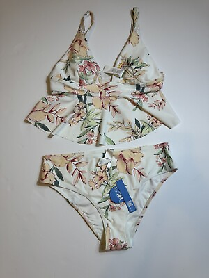 CUPSHE Bikini Set for Women Two Piece Swimsuits High Waist Floral Sz L $29.90