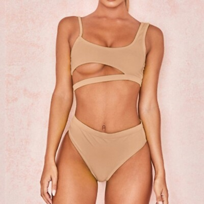 Asymmetrical cutout cheeky bikini set Tan $14.69