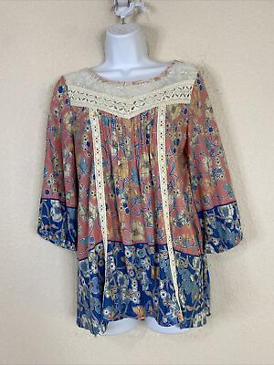 #ad Vintage America Womens Size S Pink Blue Floral Boho Blouse 3 4 Sleeve $7.00