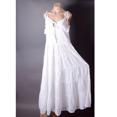 #ad White Tiered Crochet Eyelet Fringe Bohemian Sleeveless Bow Summer Long Dress $89.99