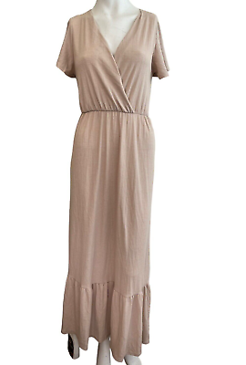 #ad Tan Medium Maxi Dress Boho V Neck Ties in Back Ruffled Long Short Sleeve Casual $16.99