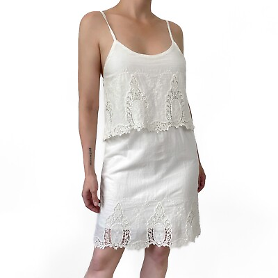 #ad White Lace Crochet Embroidered Dress Size S Boho 100% Cotton Sleeveless Layered $24.99