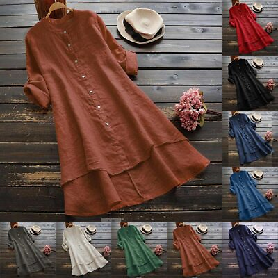 Womens Plain Baggy Shirt Dress Blouse Casual Long Sleeve Loose Fit Tunic Tops US $19.66