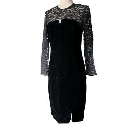 #ad Vintage 80s 90s Long Sleeve Cocktail Dress Black Velvet Lace Sheath Midi Medium $37.50