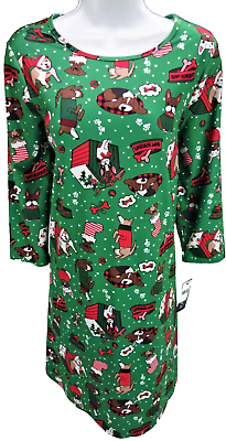 #ad Small Christmas Holiday Shift Dress Puppy Dogs Green Stretch Lounge Sleep $19.74