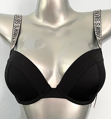#ad Victorias Secret Swim Bikini Push Up Top Black w Shine Logo Straps 32C $24.99
