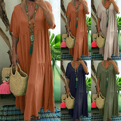 #ad Women V Neck Baggy Maxi Dress Short Sleeve Kaftan Smock Sun Dress Plus Size US $28.99