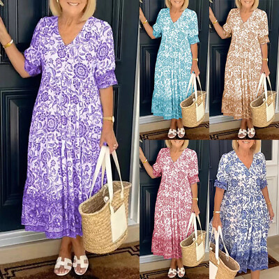 #ad Womens Floral Boho Maxi Dress Short Sleeve Summer Kaftan Long Sundress Tops Plus $6.96