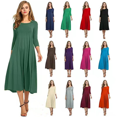 #ad Womens Long Sleeve Plain Dress Ladies Evening Party Holiday Casual Midi Dresses $26.99