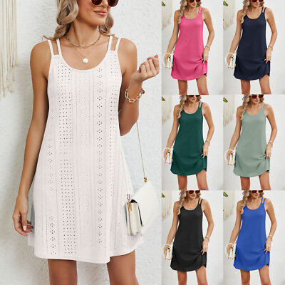 #ad 2024 Ladies Holiday Casual Strappy Mini Tank Dress Summer Beach Party Dresses UK $26.03