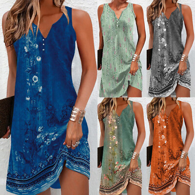#ad Women Summer Floral Beach Tank Dress Ladies Boho Holiday Button Casual Sundress $18.30