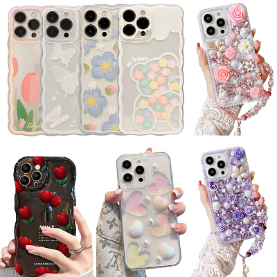 #ad For iPhone 14 Pro Max Case Transparent Silicone Floral Cute Cover Diamond Chain $13.92