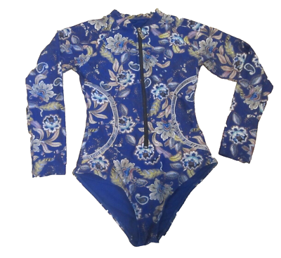 #ad Mermaid Swimwear 1pc Swimsuit Zip Front Long Sleeve Sz S Floral Blue Bra Cups $55.99