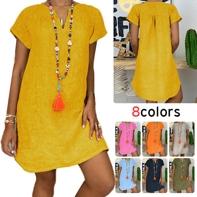 #ad Womens Short Sleeve Cotton Blend Midi Dress Ladies Solid V Neck Baggy Sundress $14.09