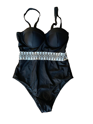 #ad new Black with White Accent One Piece Padded Swimsuit sz M beach pool swim suit $21.90