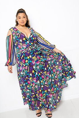 #ad Women#x27;s Plus Size Multi Color Print Chiffon Maxi Dress 2XL $64.00