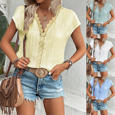 #ad Women#x27;s Lace V Neck Party Tops Short Sleeve Summer Casual Blouse T Shirt Shirt $18.53