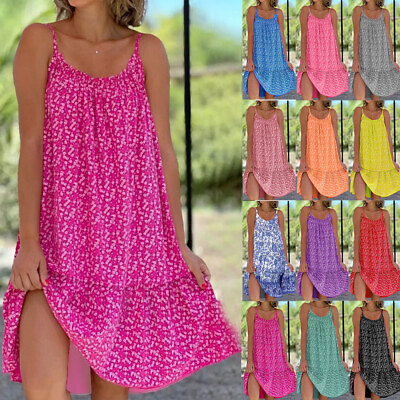 Summer Women Holiday Dress Floral Boho Beach Sleeless Sun Dresses plus size $9.98