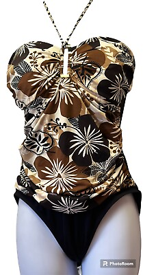 #ad La Blanca Womens Size 12 Swimsuit Brown Floral One Piece Halter Neck Ruched $14.87