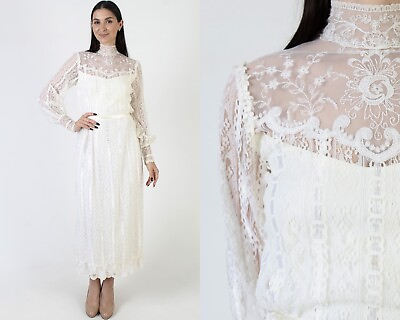 #ad #ad Vtg Dance Allure Victorian Wedding Dress Sheer Lace High Neck Antique Boho Prom $106.40