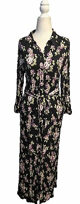 #ad Zara black floral Button Down Maxi Dress 3 4 Sleeve Cloth Belt Size US Small $18.00