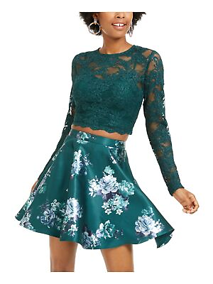 #ad CITY STUDIO Womens Green Glitter Floral Long Sleeve Party Dress Juniors 11 $5.09