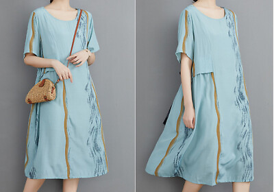 #ad #ad Women Cotton Linen Clothing Floral Maxi Pocket Dress Round Neck Short Sleeve $13.99