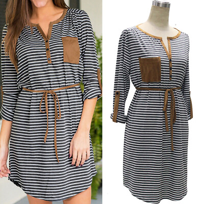 #ad #ad Summer Women#x27;s Stripe Casual Long Sleeve Beach Dress Loose Shirt Short Dresses $13.79
