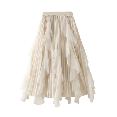 #ad Women#x27;s High Waist Ruffle Hem Fairy Tulle Causal Soft Swing Pleated Long Skirts $33.44