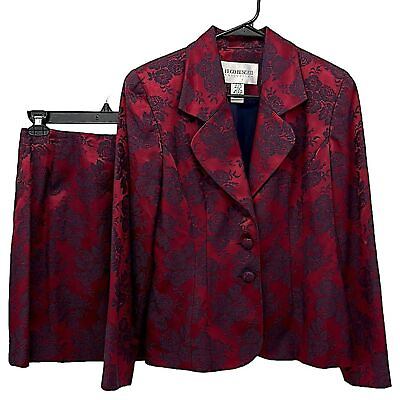 #ad VTG 90’s Hugo Buscati Metallic Deep Red Navy Floral Blazer Mini Skirt Suit Set $89.00