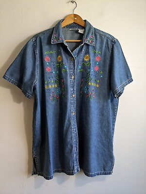 #ad Ladies Vintage Denim Shirt Plus Size 20 22 Blue Jean Flower Embroidered Cowgirl GBP 9.99