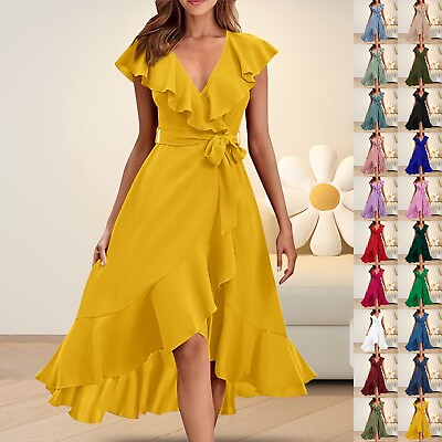 #ad Womens Boho Dress Wrap V Neck Short Sleeve Belted Ruffle A Line Flowy Maxi Dress $24.59