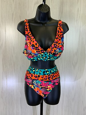 #ad Hilinker Leopard 2 Piece High Rise Bikini Women#x27;s Size L Multi NEW MSRP $38.99 $18.99
