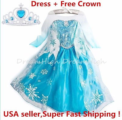Kids Girls Dress Frozen Elsa Anna Party costume Princess Free Crown 2 10Y $15.98