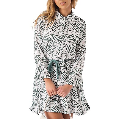 #ad Womens Mini Shirt Belted Skater Green Loose Fit Ladies Summer Dress Long Sleeve GBP 31.99