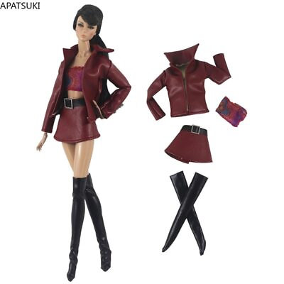 Wine Leather Clothes Set For 11.5quot; Doll Outfits Coat Jacket Crop Top Skirt Socks $9.66