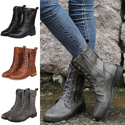 Womens Mid Calf Boots Side Zipper Winter Boot Ladies Lace Up Work Casual Shoes $42.99